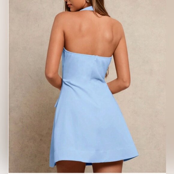 Halter Neck A-Line Mini Dress Blue - Picture 2 of 5